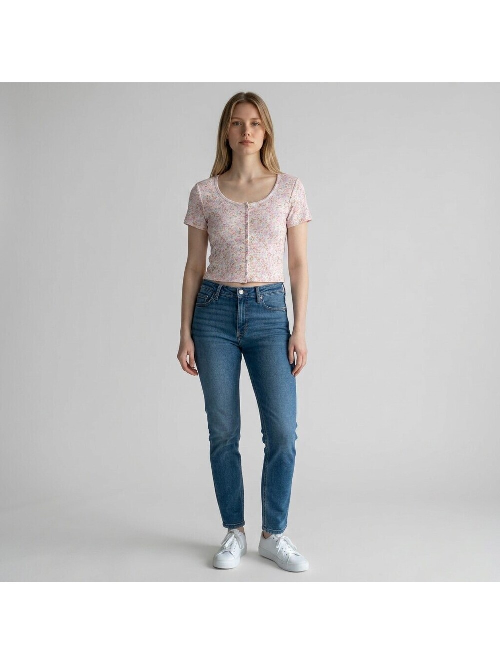 BP. Cropped Top Women S Small White Floral Button Up Short Sleeve Cotton Casual